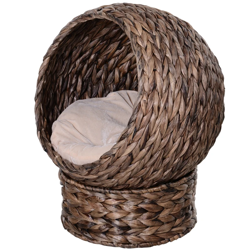 PawHut Water Hyacinth Cat Basket with Cushion, Cat Bed, Pet Bed, 50 cm x 42 cm x 60 cm, Brown + Beige