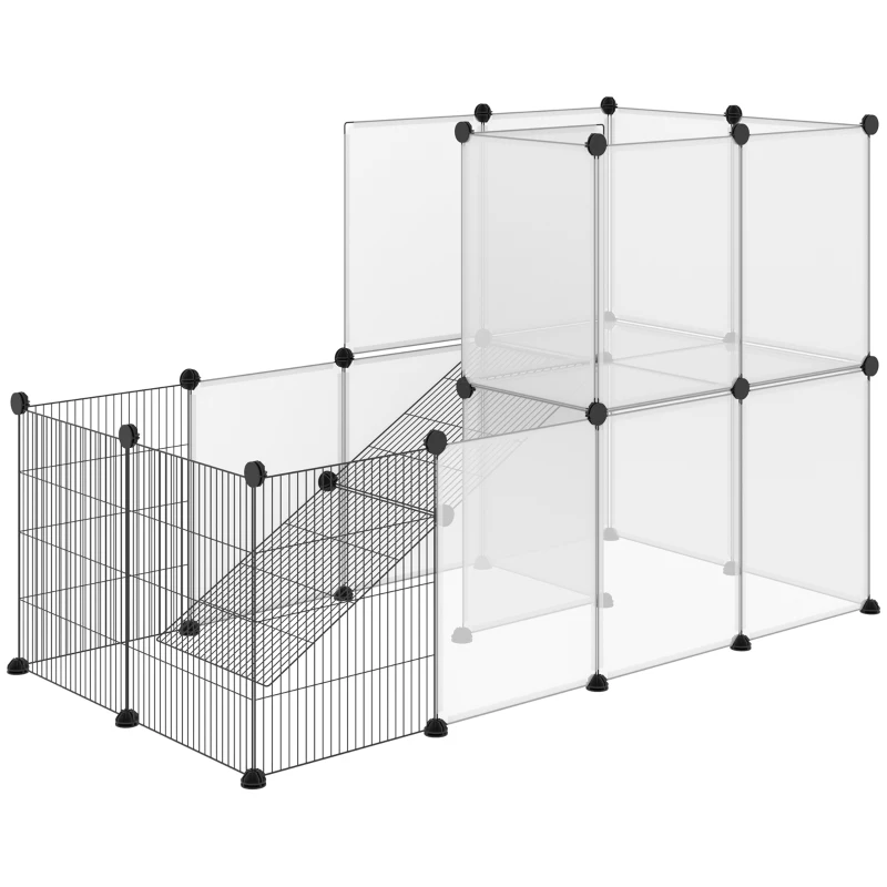 PawHut Enclos lapin interieur, 2 niveaux, parc modulable pour petits animaux, 27pcs, 140 x 70 x 90 cm, noir