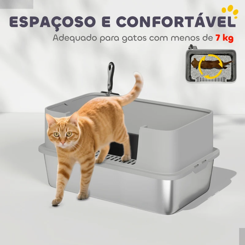 PawHut Caixa de Areia para Gatos em Aço Inoxidável XL Caixa de Areia para Gatos com Borda Alta e Pá 60x40x29,5 cm Cinzento
