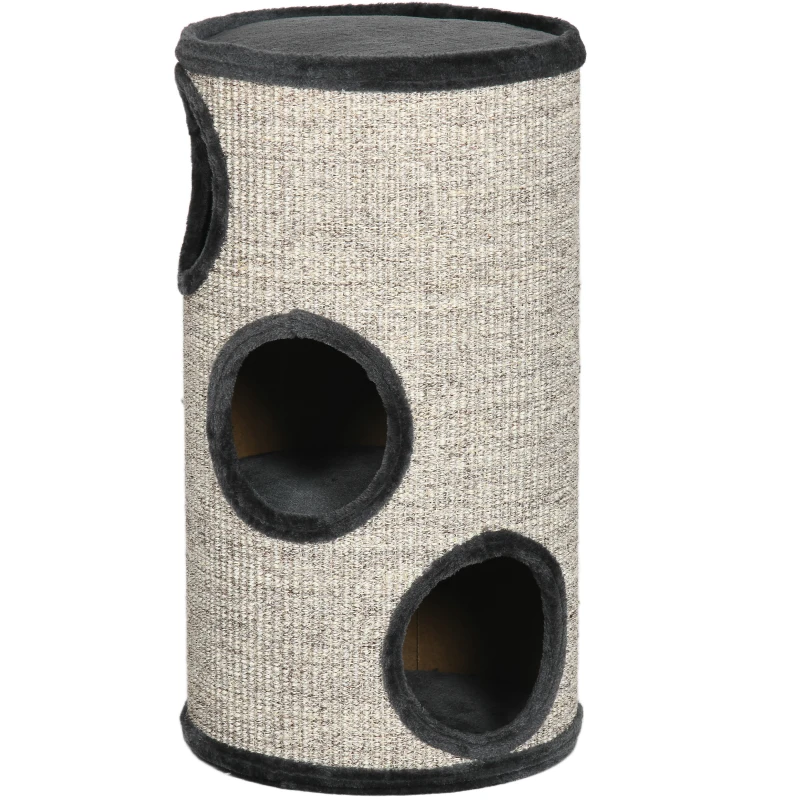 PawHut Tonneau à gratter pour chat, tour à griffer en sisal à 3 niveaux recouvert de peluche, Ø 38 x 70 cm, gris clair
