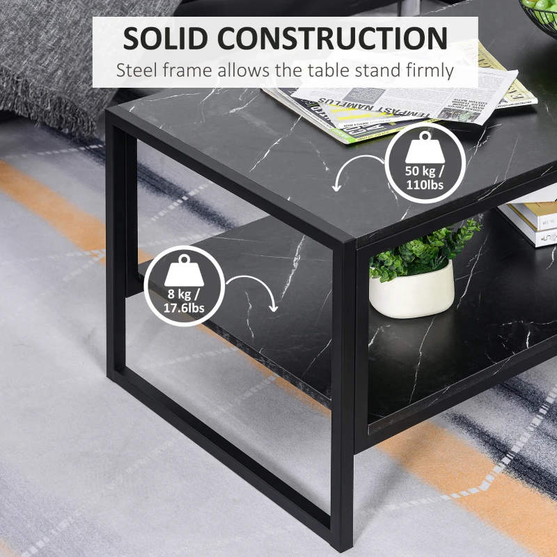 HOMCOM Coffee Table with Storage, 2-Tier Centre Table with Faux Marble Table Top, Bottom Shelf and Metal Frame, Modern Style Living Room Table, Black