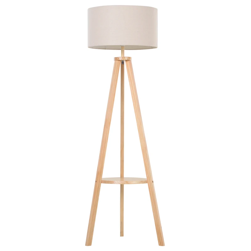 HOMCOM Lámpara de Pie Tipo Trípode con Estructura de Madera Natural y Pantalla de Tela Beige con Estante Integrado 50x50x154 cm