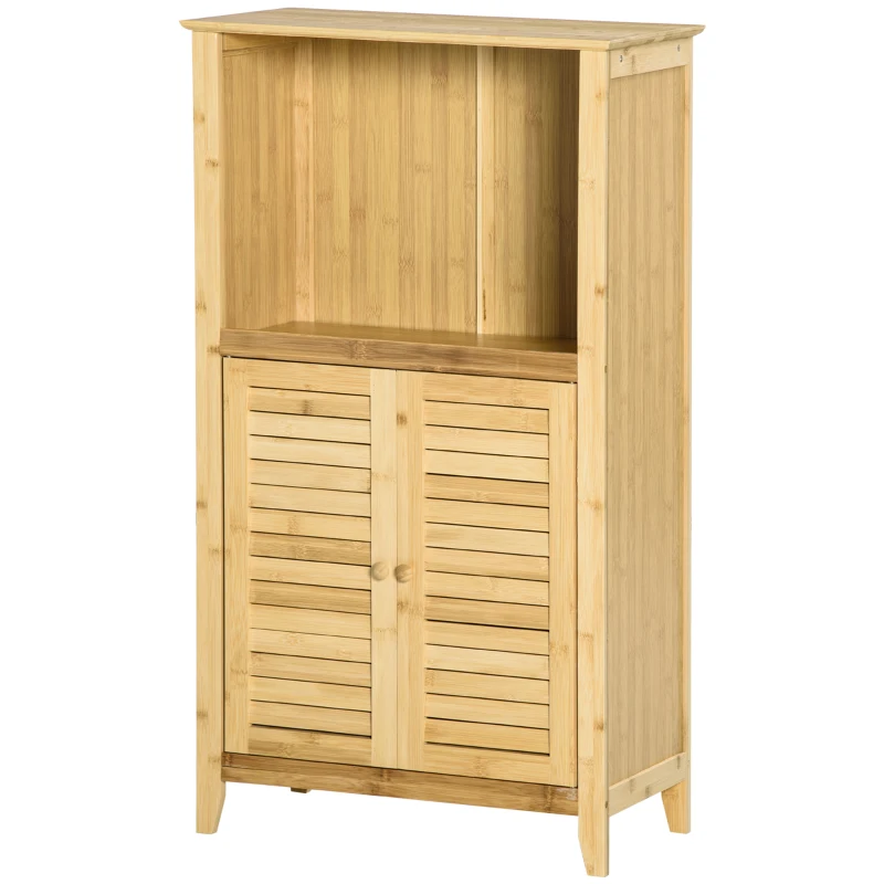HOMCOM Bathroom Cabinet Bathroom Stand Shelf with 2 Louvered Doors, Open Shelf, Bamboo, Storage Cabinet Cupboard for Bathroom, Living Room 50 x 25.5 x 92cm Natural