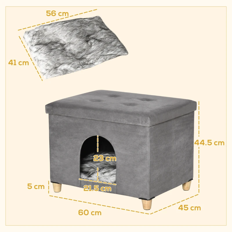 PawHut 2-IN-1 Cat House Footstool with Cushion Wooden Legs Cat Bed Softly Padded Ottoman Elegant Design Removable MDF Plush Gray 60 x 45 x 44.5 cm