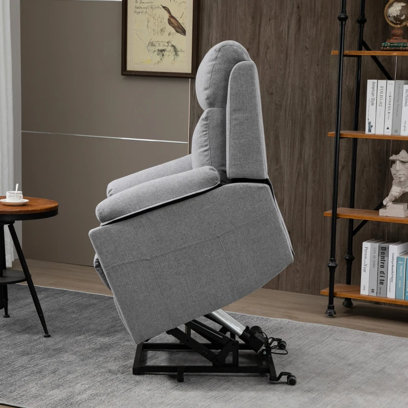 HOMCOM Fauteuil releveur électrique, fauteuil relax électrique avec repose-pied, dossier inclinable, télécommande et poche latérale charge 120kg tissu aspect lin gris clair(m-11)