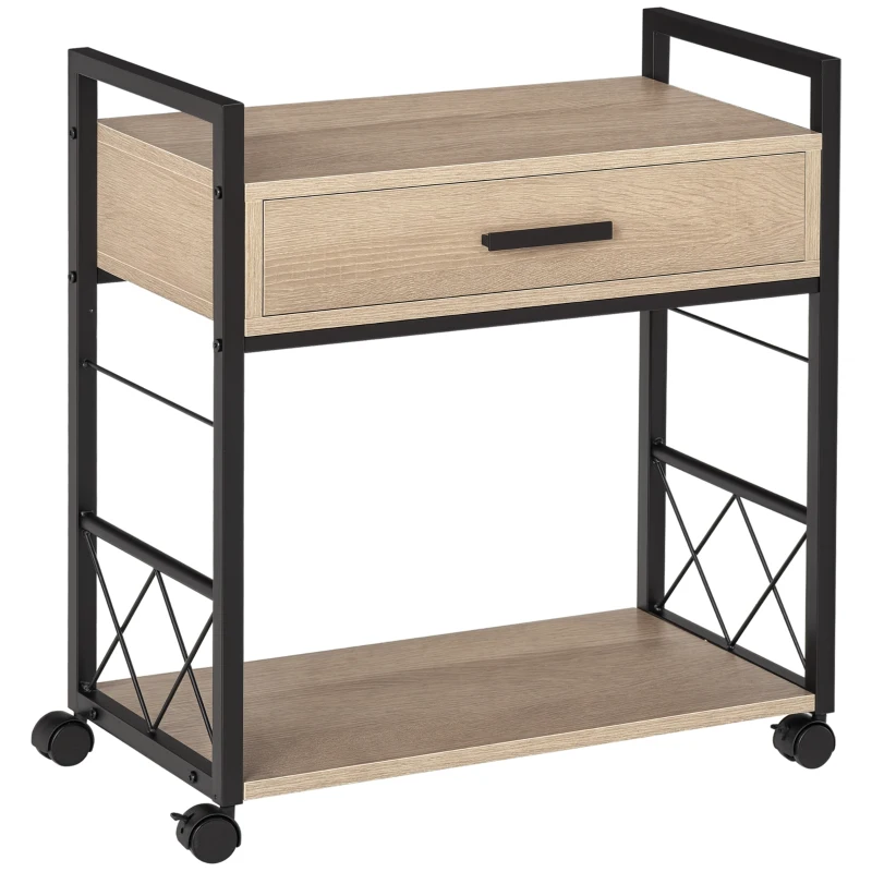 HOMCOM Side Table Serving Trolley with Wheels Kitchen Cart Coffee Table with Drawer Shelf Mobile Particle Board Natural 60 x 30 x 65 cm