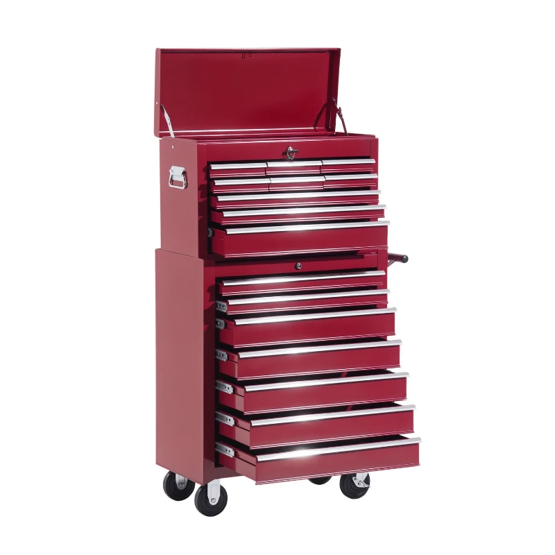 HOMCOM Tool Cart with Tool Chest, Lockable Tool Cart with Drawers, Tool Compartment, Key, and Non-Slip Mats, Red