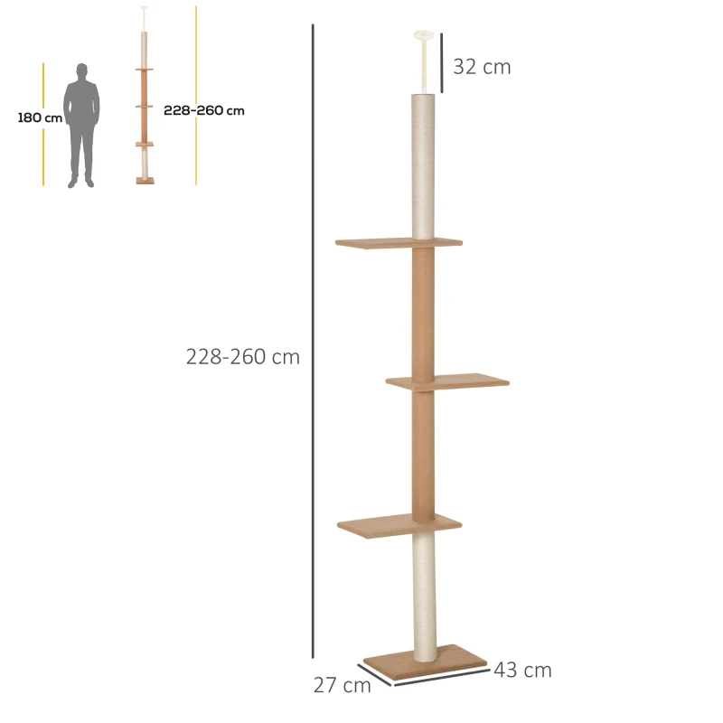 PawHut Cat Tree Ceiling High, 228-260 cm Height Adjustable Cat Tree Climbing Tree for Cats with 3 Levels, Cat Scratching Tree, Play Tree from Floor to Ceiling Khaki