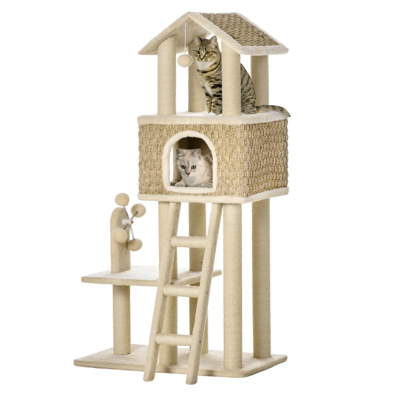 PawHut with Cat Cave incl. Toys Sisal Plush Khaki + Beige + Coffee