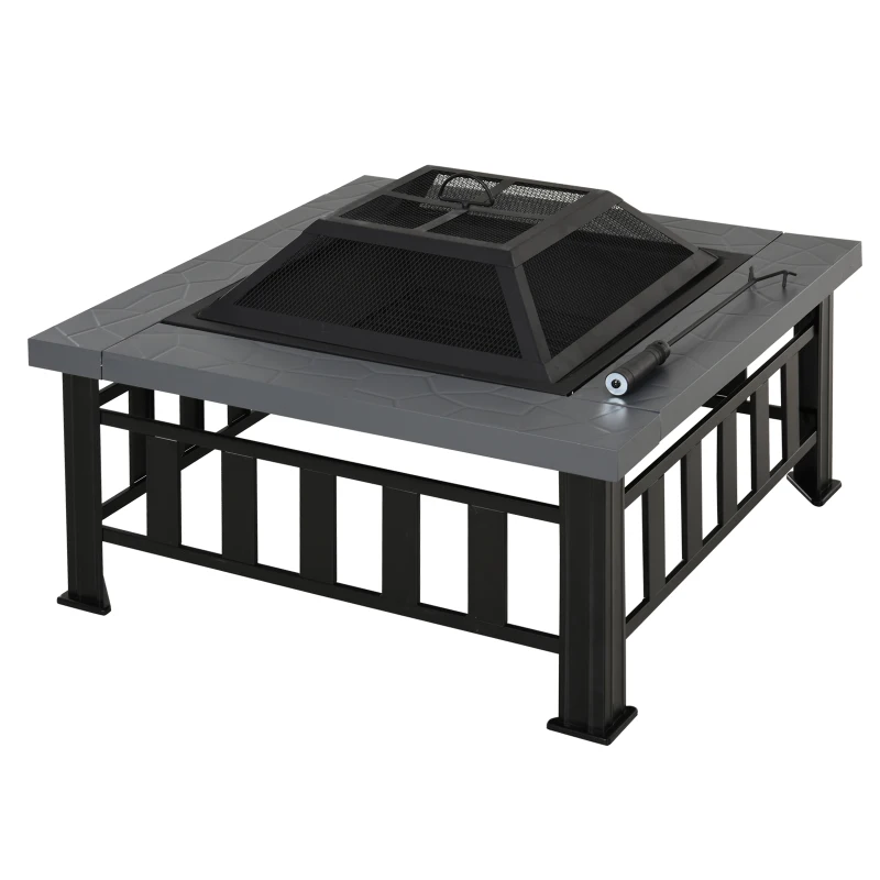 Outsunny Outdoor Square Fire Pit, Metal Large Firepit Brazier with Rain Cover, Lid, Log Grate, Poker for Backyard, Camping, BBQ, Bonfire, Wood Burning Stove, 86 x 86 x 54cm, Black