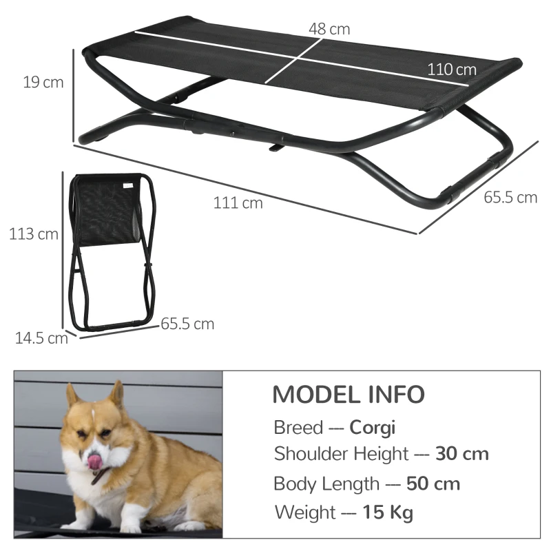 PawHut Dog Bed Outdoor, Raised Dog Bed for Small and Medium Dogs, Cooling Pet Bed with Sturdy Steel Frame, Portable Standing Pet Bed, 111 x 65.5 x 19 cm, Black