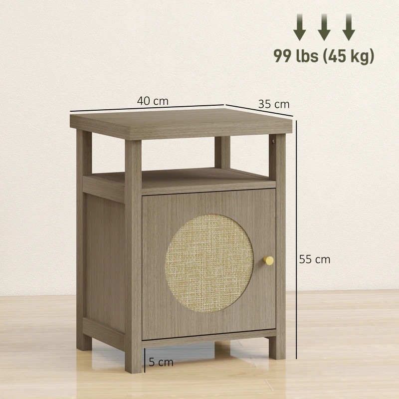 HOMCOM Table de Nuit avec Porte en Rotin Table de Nuit avec Étagère Ouverte et Compartiment 40x35x55 cm Bois Naturel