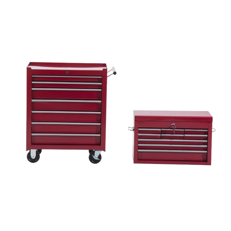 HOMCOM Tool Cart with Tool Chest, Lockable Tool Cart with Drawers, Tool Compartment, Key, and Non-Slip Mats, Red