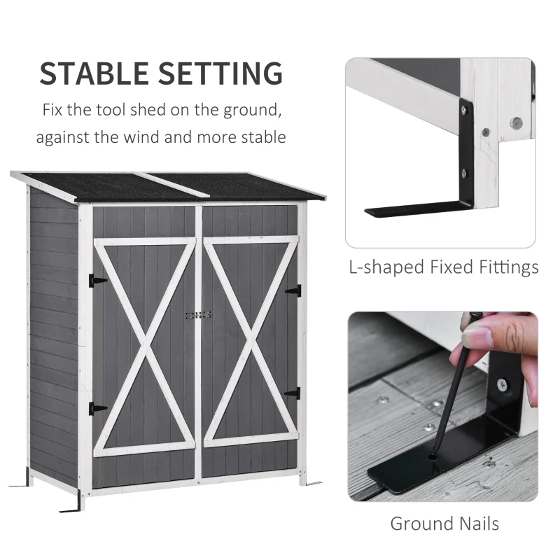 Outsunny Wooden Garden Storage Shed with Flexible Table, Hooks and Ground Nails, Lockable Tool Organizer Sheds with Asphalt Roof, 139 x 75 x 160cm, Dark Grey