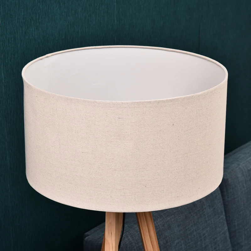 HOMCOM Lámpara de Pie Tipo Trípode con Estructura de Madera Natural y Pantalla de Tela Beige con Estante Integrado 50x50x154 cm
