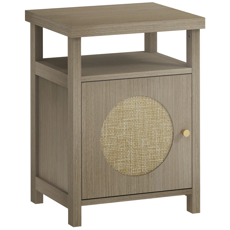 HOMCOM Table de Nuit avec Porte en Rotin Table de Nuit avec Étagère Ouverte et Compartiment 40x35x55 cm Bois Naturel