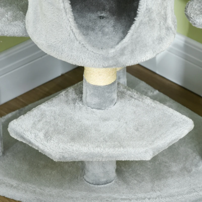PawHut Cat Tree with 2 Hammocks and 2 Cat Caves incl. Toys Plush Sisal Rope Light Gray
