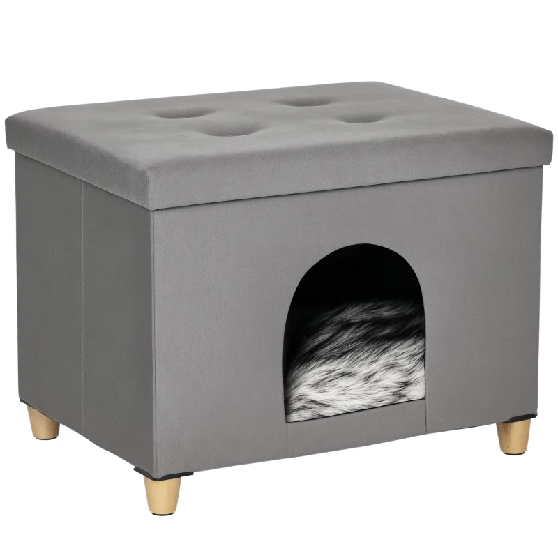 PawHut 2-IN-1 Cat House Footstool with Cushion Wooden Legs Cat Bed Softly Padded Ottoman Elegant Design Removable MDF Plush Gray 60 x 45 x 44.5 cm