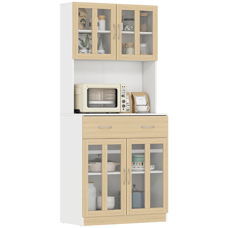 HOMCOM Küchenschrank Hochschrank Küchenbuffet mit Glastüren Geschirrschrank Esszimmerschrank mit 2 Schubladen und 2 Schränken Weiß+Natur 80 x 40 x 180 cm
