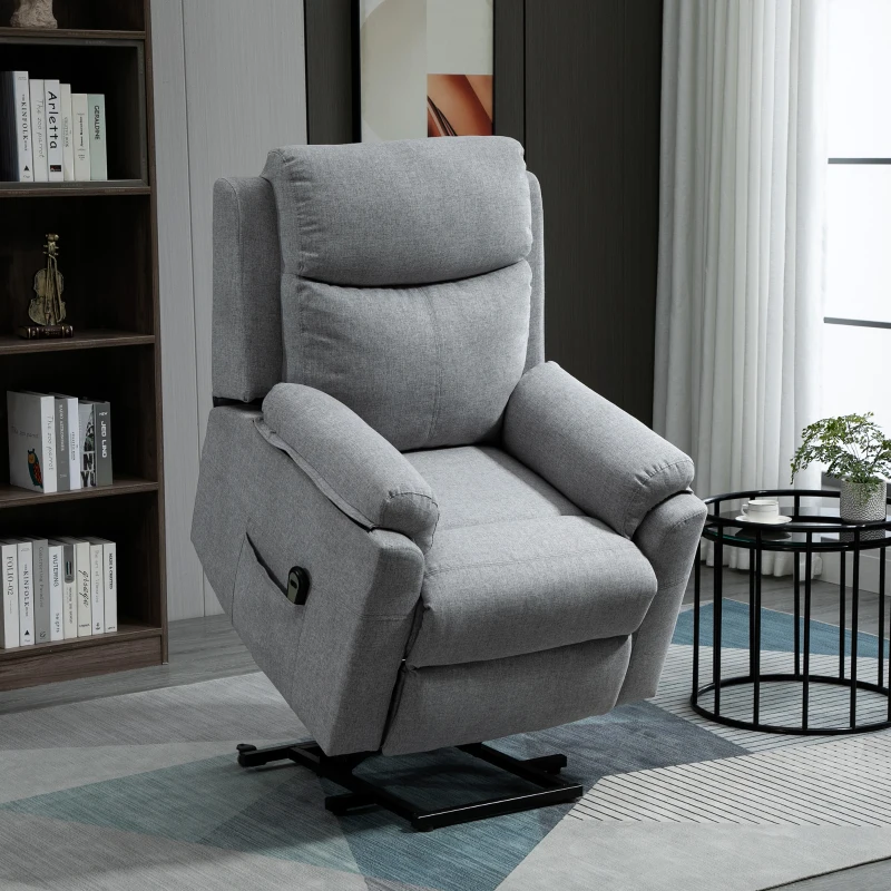 HOMCOM Fauteuil releveur électrique, fauteuil relax électrique avec repose-pied, dossier inclinable, télécommande et poche latérale charge 120kg tissu aspect lin gris clair(m-9)