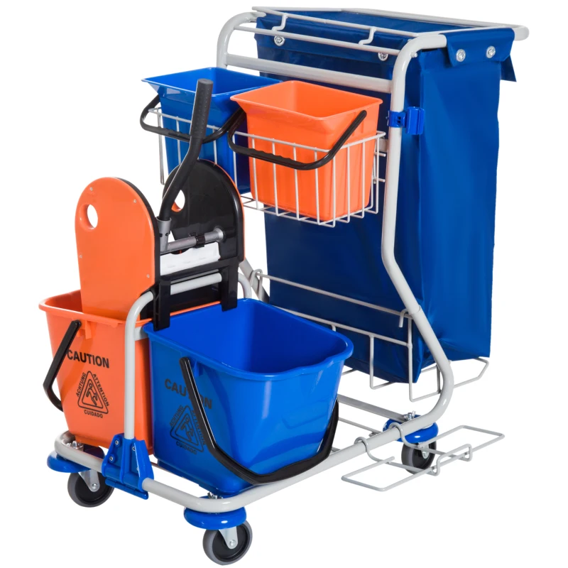 HOMCOM Cleaning Cart Cleaning Trolley 4 Buckets Mop Press Waste Bag System Cart with Rollers Blue Orange 93 x 80 x 97 cm