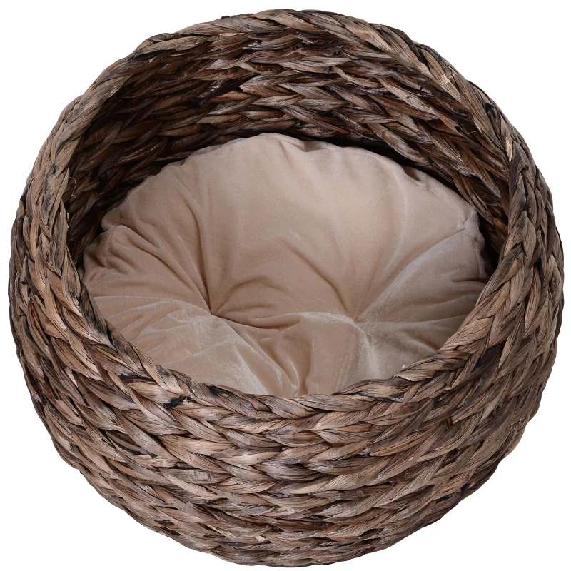 PawHut Water Hyacinth Cat Basket with Cushion, Cat Bed, Pet Bed, 50 cm x 42 cm x 60 cm, Brown + Beige