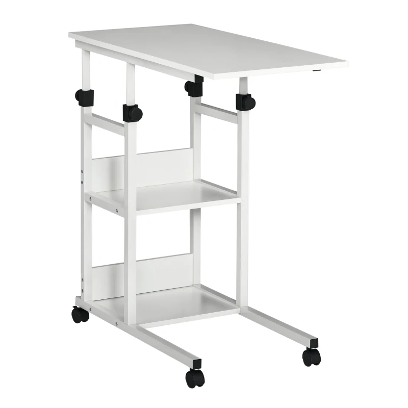 HOMCOM Side table with wheels, height adjustable, compact, 2 shelves, metal frame, 80x40x72-82 cm, White
