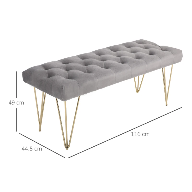 HOMCOM Bench Upholstered Bench Piano Bench Shoe Bench with Velvet Look Bed Bench Piano Bench for Bedroom, Living Room, Hallway, Metal Gray 116 x 44.5 x 49 cm