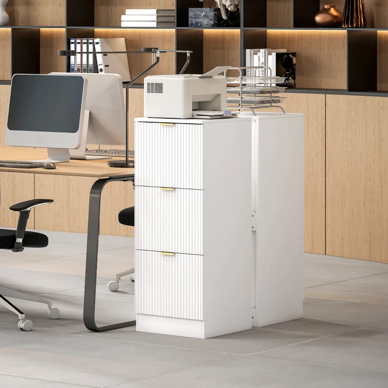 HOMCOM Commode de Bureau avec 3 Tiroirs Faces Cannelées Meuble de Classement pour Format A4 ou Lettre 40x40x101 cm Blanc