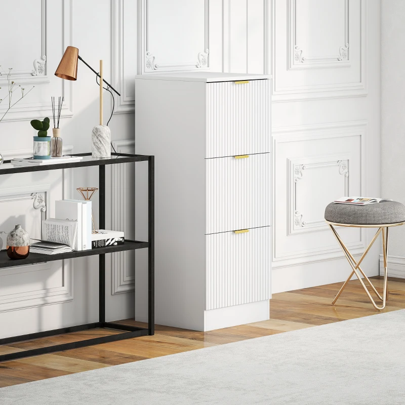 HOMCOM Commode de Bureau avec 3 Tiroirs Faces Cannelées Meuble de Classement pour Format A4 ou Lettre 40x40x101 cm Blanc