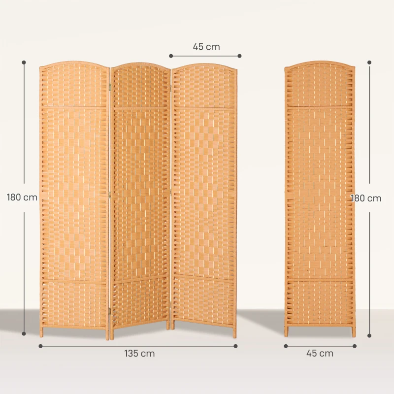 HOMCOM Paravento da interno in legno a 3 pannelli pieghevole, 135 x 180 cm, Marrone chiaro