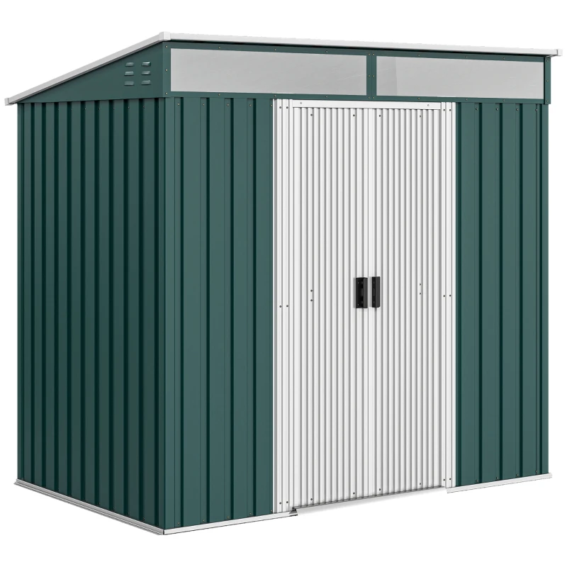 Outsunny Abrigo de Jardim 2 m² 195x122x181,5 cm Abrigo de Armazenamento Metálico com Porta de Correr e 2 Janelas Verde