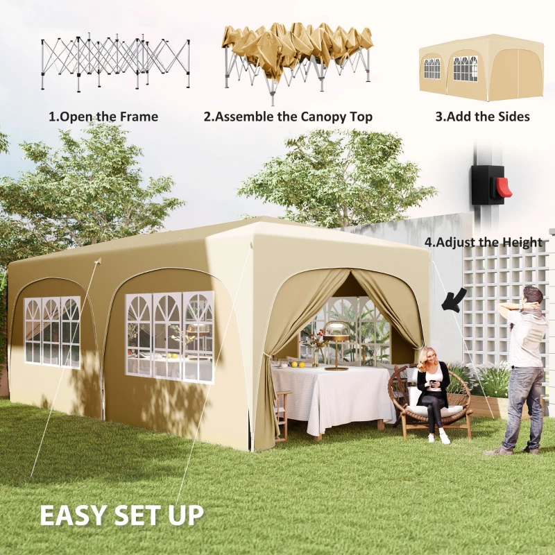 Outsunny 3 x 6 m Pop-up Paviljoen met Zijwanden, UPF50+ Hoogteverstelbaar Tuinpaviljoen met Draagtas en Zandzakken