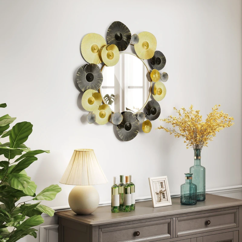 HOMCOM Decorazione da Parete in Metallo con Specchio Decorativo 84x84 cm Oro e Nero