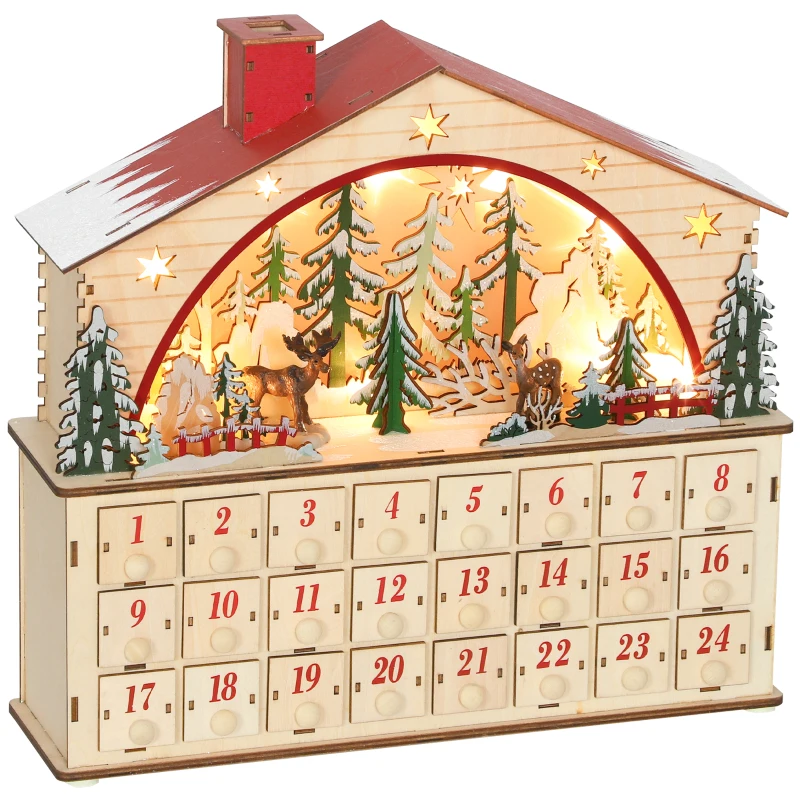 HOMCOM Calendario de Adviento para Rellenar de Madera con Luces LED 24 Cajones y Escena de Pueblo 36x10x34 cm Natural