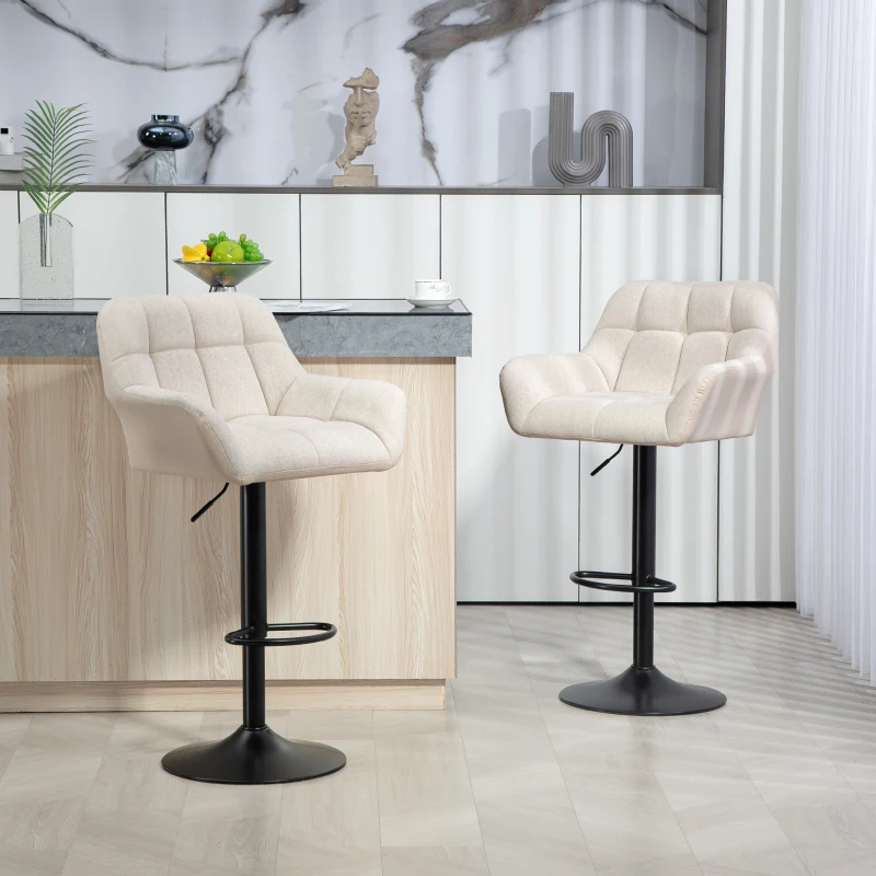 HOMCOM Taburetes de Bar 2er Set Diseño Retro Ajustables en Altura Piel Sintética con aspecto de lino Crema + Negro