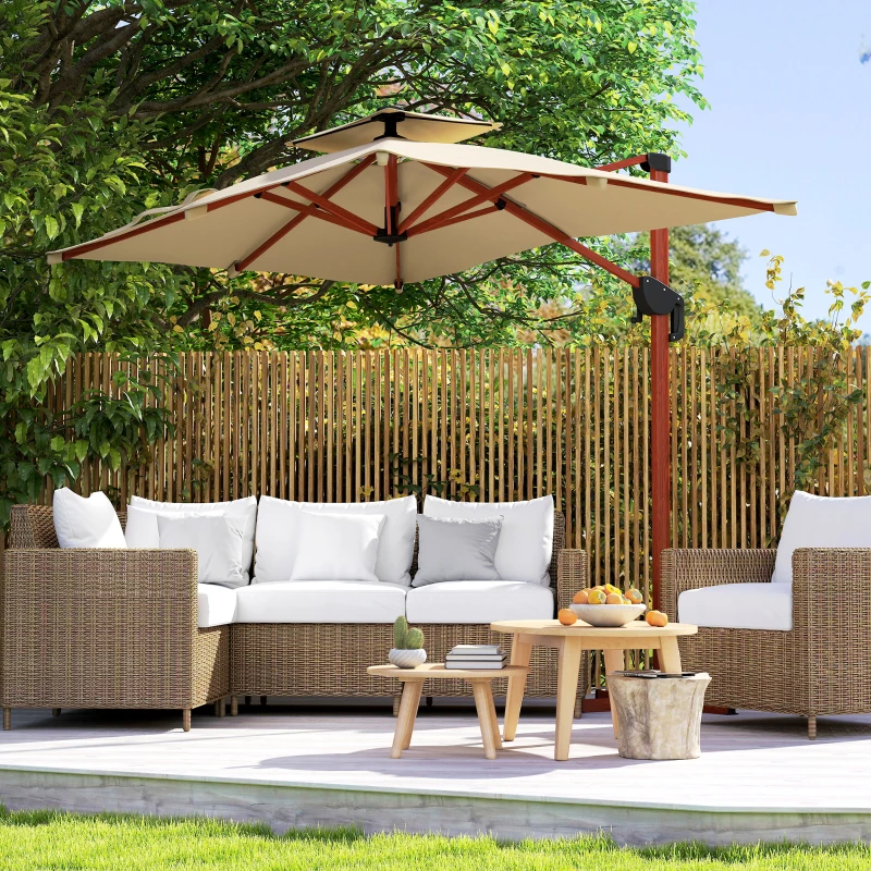 Outsunny Chapéu de Sol Excêntrico 300x198x252 cm com Manivela Inclinação Ajustável Duplo Teto e Base Cruzada Giratória 360° Caqui