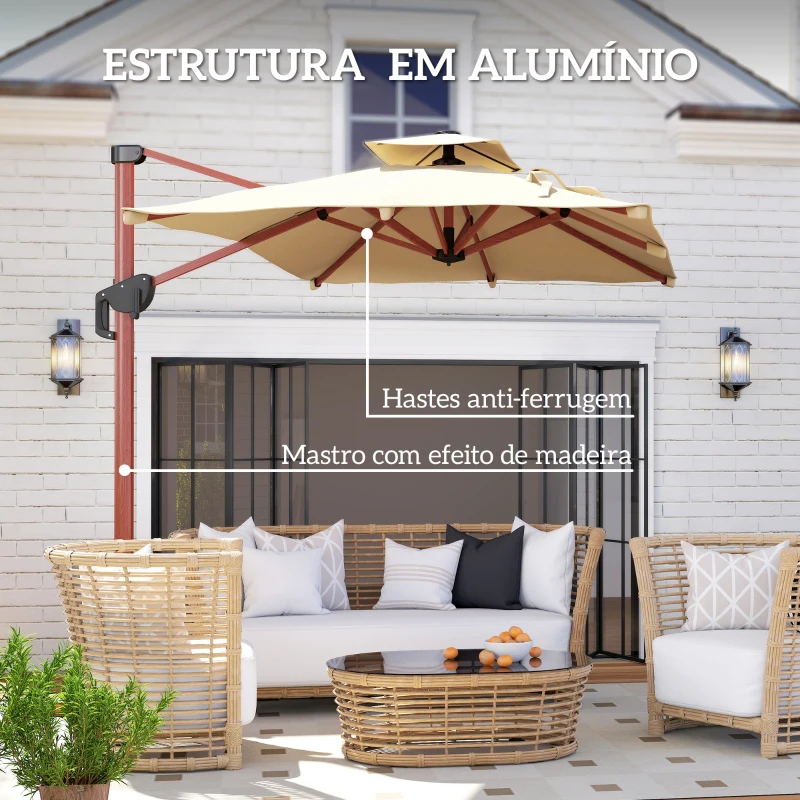 Outsunny Chapéu de Sol Excêntrico 300x198x252 cm com Manivela Inclinação Ajustável Duplo Teto e Base Cruzada Giratória 360° Caqui