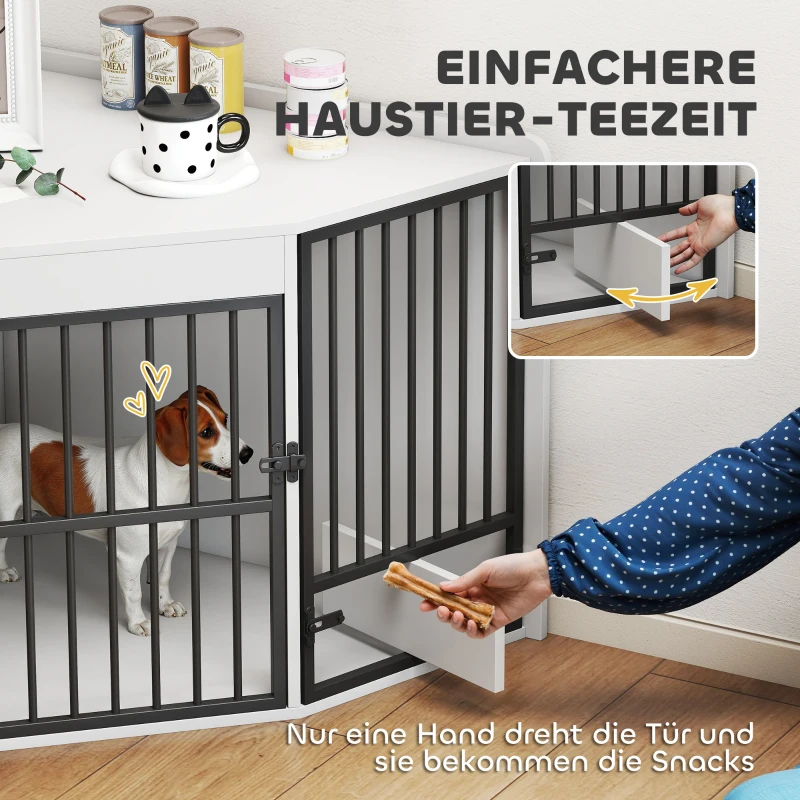 PawHut Hondenbox, Schuilbox voor Kleine en Middelgrote Honden, Huisdierbox met Voedingsdeur, MDF, Metaal, Wit(m-6)