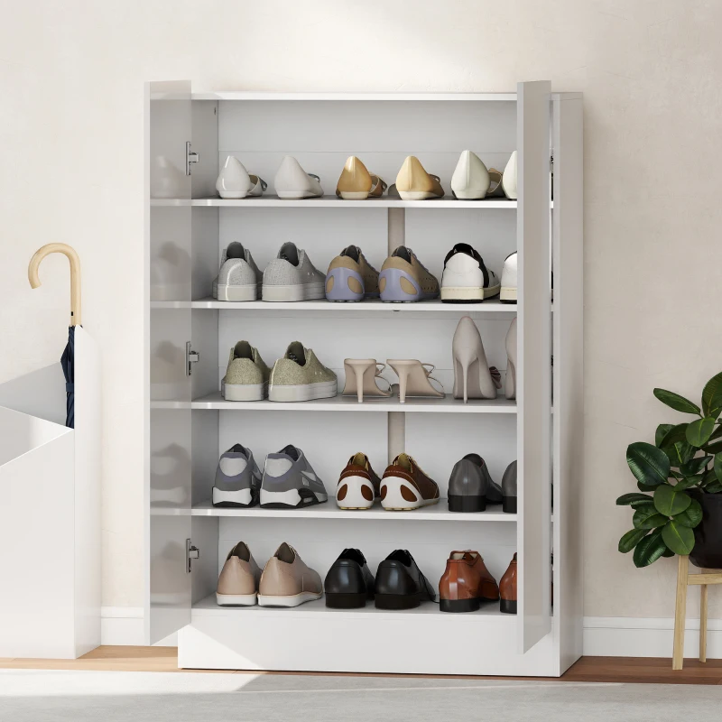 HOMCOM Schuhschrank für den Eingangsbereich mit 2 Türen mit leisem Verschluss und verstellbaren Regalen für 20 Paare Schuhe Glanzweiß