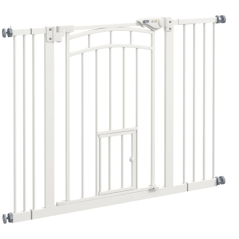 PawHut Barreira de Segurança para Cães 74-100 cm com Extensão Montagem a Pressão e Duplo Bloqueio para Porta Escada Branco