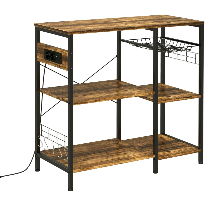 HOMCOM Estantería de Cocina con Toma de Corriente Estantes Ajustables Ganchos y Cesta Metálica 90x40x83 cm Marrón Rústico