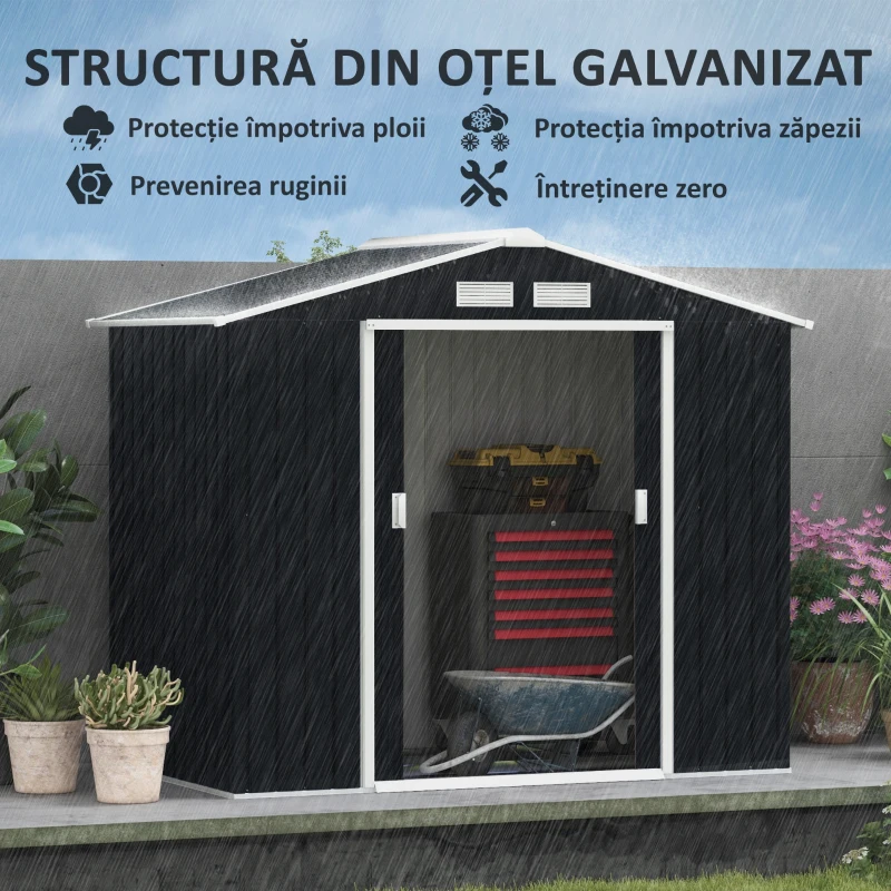 Outsunny Casuta de Gradina Depozitare Unelte din Tabla de Otel, Magazie de Gradina din Otel cu Usi glisante, 213x130x185cm, Gri(m-5)