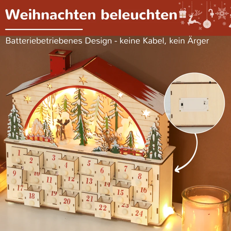 HOMCOM Adventskalender om te vullen 24 laatjes vakken kerstkalender met LED-lampjes natuurlijk hout 36 x 10 x 34 cm