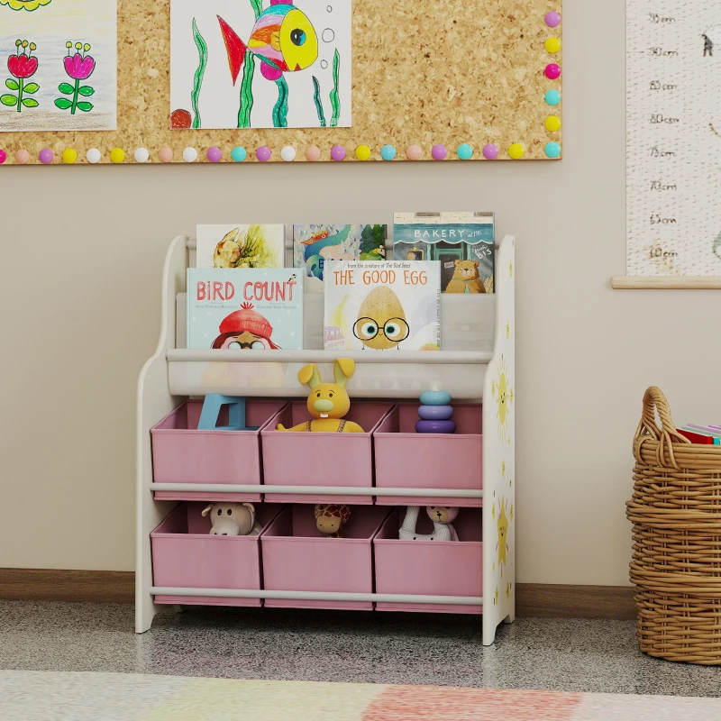 AIYAPLAY Étagère à Jouets avec 6 Tiroirs en Tissu et Étagère à 2 Niveaux, en Bois et Acier, 63x30x71 cm, Rose