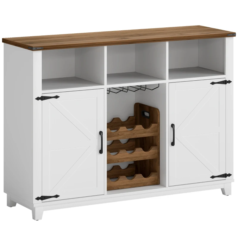 HOMCOM Aparador de Cozinha Rústico com Prateleiras Ajustáveis e Suporte para Garrafas 120x37x88 cm Branco