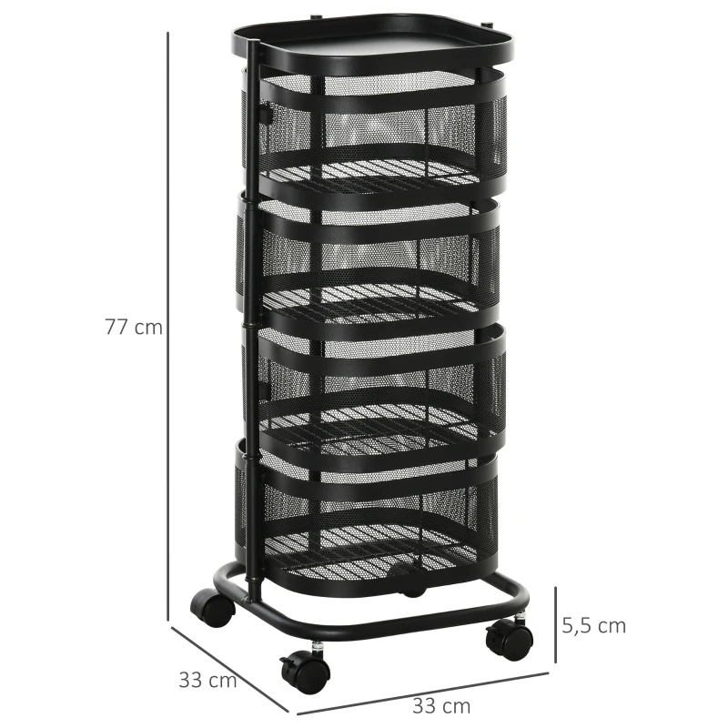 HOMCOM Carrinho Auxiliar com Rodas de 5 Níveis com 4 Cestas de Armazenamento Rotativas a 270° 33x33x77 cm Preto