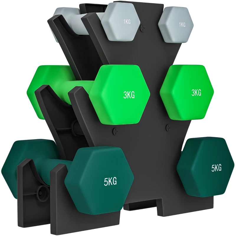 SPORTNOW Dumbbellset met Opbergrek, Set met 6 Dumbbells voor Fitness Training, 2 x 1kg, 2 x 3kg, 2 x 5kg