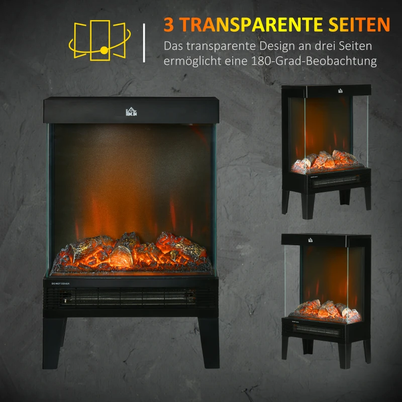 HOMCOM Elektrische haard, 2000 W, Staande haard met Verwarming LED 3D-Vlammeneffect, 4 Helderheidsniveaus, Elektrische haard met Thermostaat, Oververhittingsbeveiliging, Zwart(m-5)