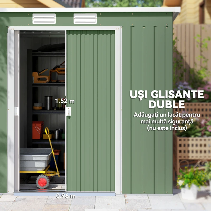 Outsunny Magazie de gradina din otel cu acoperis inclinat, usa glisanta dubla si orificii de aerisire, 213x130x173 cm, verde(m-5)